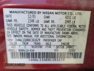 2006 Nissan Altima S with VIN 1N4AL11D66C161629, listed as a Copart auction lot 45572005 with Not provided miles and Salvage title. Bid and sale history available at DreamBid. Image 12.