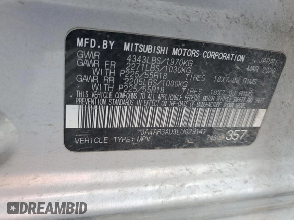2020 Mitsubishi Outlander Sport ES 2.0 with VIN JA4AR3AU3LU029142, listed as a Copart auction lot 41417495 with 0 mi miles and Salvage Title. Bid and sale history available at carsss.com. Image 14.