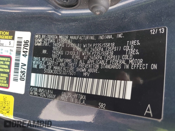 2014 Toyota Sienna Limited with VIN 5TDDK3DC5ES077601, listed as a IAAI auction lot 42163071 with 168,000 mi miles and . Bid and sale history available at DreamBid. Image 9.