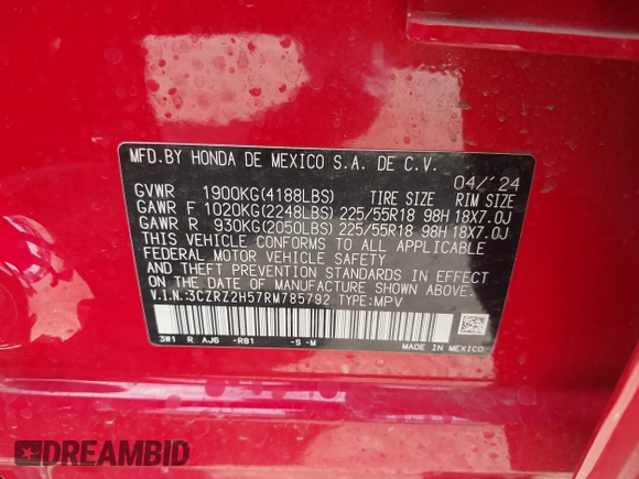 2024 Honda HR-V Sport z VIN 3CZRZ2H57RM785792, wystawiony jako IAAI lot #42273530 z przebiegiem 5 812 mil mil oraz . Historia ofert i sprzedaży dostępna na DreamBid. Obrazek 9.