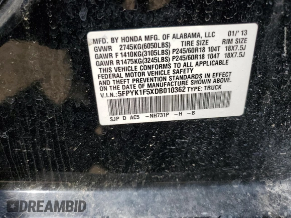 2013 Honda Ridgeline RTL z VIN 5FPYK1F5XDB010362, wystawiony jako Copart lot #50763704 z przebiegiem 134 745 mil mil oraz Szkoda całkowita • Salvage title. Historia ofert i sprzedaży dostępna na DreamBid. Obrazek 12.