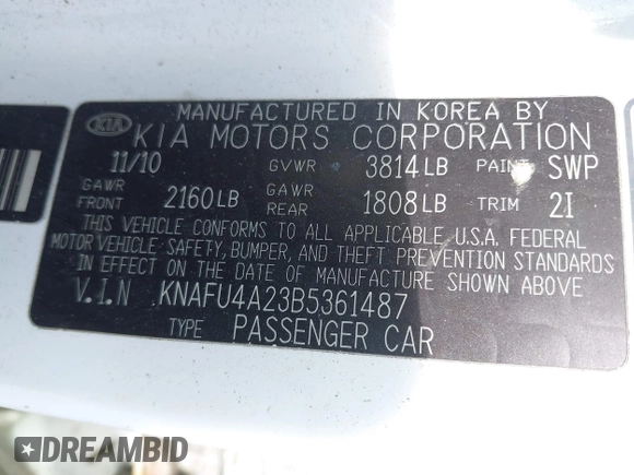 2011 Kia Forte EX with VIN KNAFU4A23B5361487, listed as a IAAI auction lot 42161931 with 179,790 mi miles. Bid and sale history available at carsss.com. Image 9.