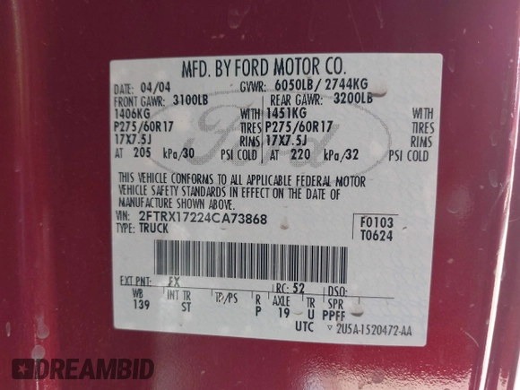 2004 Ford F-150 XL with VIN 2FTRX17224CA73868, listed as a IAAI auction lot 41923279 with 149,910 mi miles and . Bid and sale history available at DreamBid. Image 9.