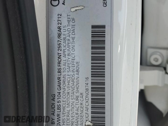 2013 Audi A6 Premium Plus with VIN WAUGFAFCXDN087416, listed as a Copart auction lot 59967605 with 112,279 mi miles and Salvage title. Bid and sale history available at DreamBid. Image 12.
