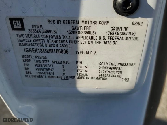 2003 Chevrolet Tahoe Z71 with VIN 1GNEK13T93R106806, listed as a Copart auction lot 80466604 with 216,303 mi miles and Salvage Title. Bid and sale history available at carsss.com. Image 12.