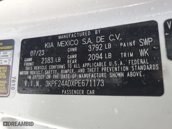 2023 Kia Forte LXS with VIN 3KPF24ADXPE671173, listed as a Copart auction lot 47630305 with 16,842 mi miles and Salvage Title. Bid and sale history available at carsss.com. Image 13.