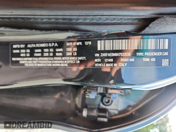2017 Alfa Romeo Giulia с VIN ZARFAEBN9H7533535, выставлен на аукционе Copart как лот 62900495 с пробегом 148 351 миль миль и Чистый • Clean title. История ставок и продаж доступна на DreamBid. Изображение 12.