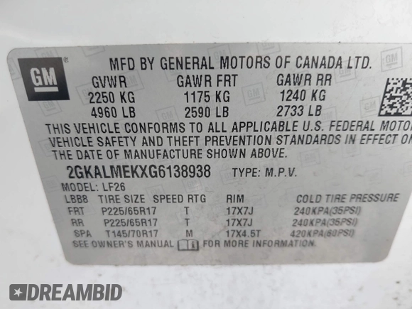 2016 GMC Terrain SLE with VIN 2GKALMEKXG6138938, listed as a IAAI auction lot 42169737 with 121,061 mi miles and . Bid and sale history available at carsss.com. Image 9.