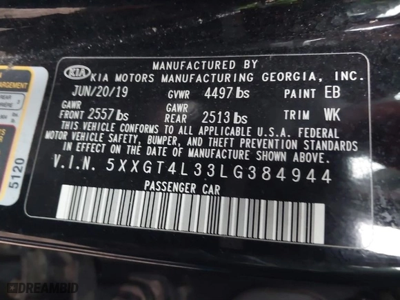 2020 Kia Optima LX with VIN 5XXGT4L33LG384944, listed as a IAAI auction lot 41464556 with 116,412 mi miles. Bid and sale history available at carsss.com. Image 9.