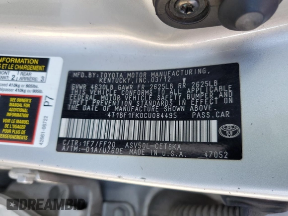 2012 Toyota Camry L with VIN 4T1BF1FK0CU084495, listed as a Copart auction lot 52203005 with 209,979 mi miles and Salvage Title. Bid and sale history available at carsss.com. Image 15.