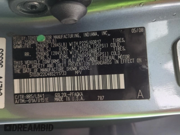 2008 Toyota Sienna XLE with VIN 5TDZK22C48S211733, listed as a Copart auction lot 61240625 with 166,778 mi miles and Salvage title. Bid and sale history available at DreamBid. Image 14.