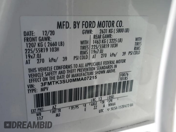 2021 Ford Mustang Mach-E Premium with VIN 3FMTK3SU0MMA07215, listed as a Copart auction lot 58177655 with 71,782 mi miles and Salvage title. Bid and sale history available at DreamBid. Image 13.