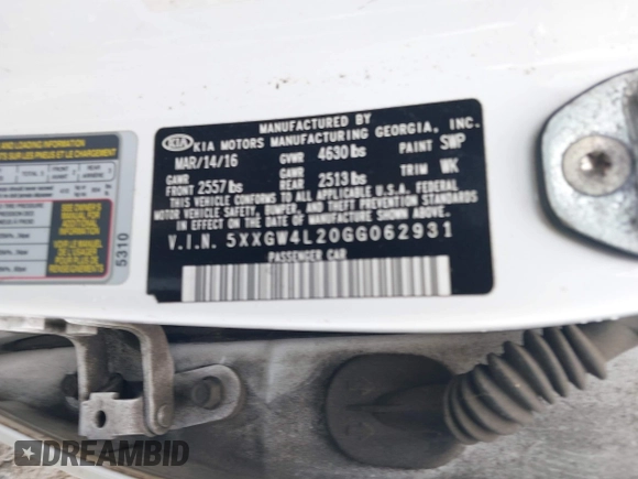 2016 Kia Optima SX Turbo с VIN 5XXGW4L20GG062931, выставлен на аукционе IAAI как лот 42430311 с пробегом 119 877 миль миль и . История ставок и продаж доступна на DreamBid. Изображение 9.