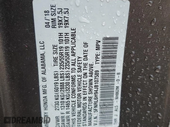 2018 Honda Odyssey Elite z VIN 5FNRL6H94JB107589, wystawiony jako Copart lot #58347385 z przebiegiem 98 761 mil mil oraz Szkoda całkowita • Salvage title. Historia ofert i sprzedaży dostępna na DreamBid. Obrazek 13.