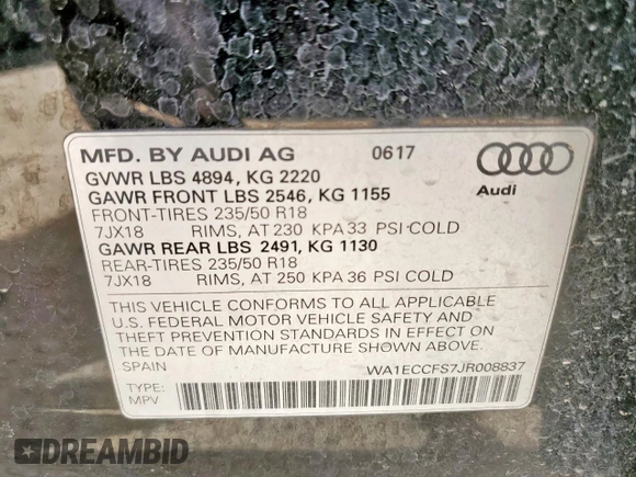 2018 Audi Q3 Premium with VIN WA1ECCFS7JR008837, listed as a Copart auction lot 56244185 with 90,846 mi miles and Salvage title. Bid and sale history available at DreamBid. Image 13.