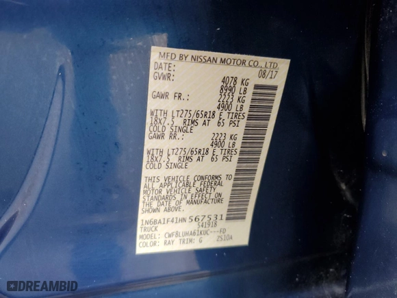 2017 Nissan Titan XD PRO-4X with VIN 1N6BA1F41HN567531, listed as a Copart auction lot 72682124 with 140,134 mi miles and Salvage Title. Bid and sale history available at carsss.com. Image 14.