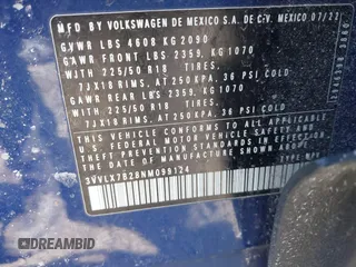 2022 Volkswagen Taos SE z VIN 3VVLX7B28NM099124, wystawiony jako IAAI lot #41615455 z przebiegiem 52 178 mil mil oraz . Historia ofert i sprzedaży dostępna na DreamBid. Obrazek 9.