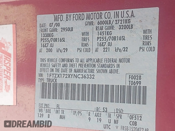 2000 Ford F-150 XL with VIN 1FTZX172XYNC36332, listed as a IAAI auction lot 41699806 with 278,119 mi miles. Bid and sale history available at carsss.com. Image 9.