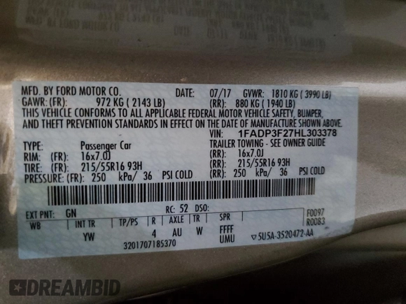 2017 Ford Focus SE with VIN 1FADP3F27HL303378, listed as a Copart auction lot 51862925 with 98,464 mi miles and Salvage Title. Bid and sale history available at DreamBid. Image 12.