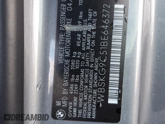 2011 BMW M3 with VIN WBSKG9C51BE646372, listed as a Copart auction lot 80860144 with 89,291 mi miles and Salvage Title. Bid and sale history available at carsss.com. Image 12.