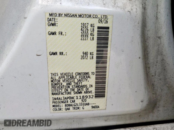 2017 Nissan Altima S with VIN 1N4AL3AP0HC118932, listed as a Copart auction lot 59081805 with 152,356 mi miles and Salvage title. Bid and sale history available at DreamBid. Image 13.
