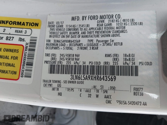 2017 Lincoln MKZ Premiere with VIN 3LN6L5A9XHR643569, listed as a IAAI auction lot 41471423 with 117,875 mi miles and . Bid and sale history available at DreamBid. Image 9.