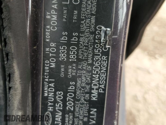 2003 Hyundai Elantra GLS z VIN KMHDN45D63U594320, wystawiony jako Copart lot #58742565 z przebiegiem 163 772 mil mil oraz Szkoda całkowita • Salvage title. Historia ofert i sprzedaży dostępna na DreamBid. Obrazek 12.
