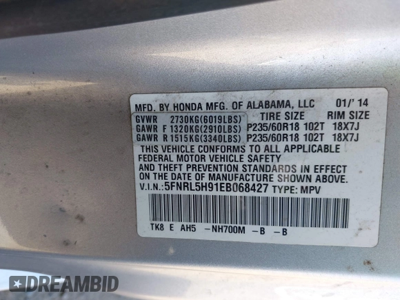 2014 Honda Odyssey Touring with VIN 5FNRL5H91EB068427, listed as a IAAI auction lot 42163315 with 184,134 mi miles and . Bid and sale history available at DreamBid. Image 9.