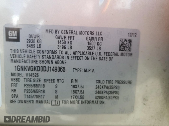 2013 Chevrolet Traverse LT with VIN 1GNKVGKD0DJ149065, listed as a Copart auction lot 54544075 with 176,993 mi miles and Salvage Title. Bid and sale history available at DreamBid. Image 14.
