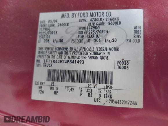 2004 Ford Ranger XLT Appearance with VIN 1FTYR44E24PB41493, listed as a IAAI auction lot 41929812 with 157,053 mi miles. Bid and sale history available at carsss.com. Image 9.