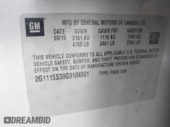 2016 Chevrolet Impala LT with VIN 2G1115S38G9104301, listed as a IAAI auction lot 42204459 with 193,785 mi miles and . Bid and sale history available at DreamBid. Image 9.