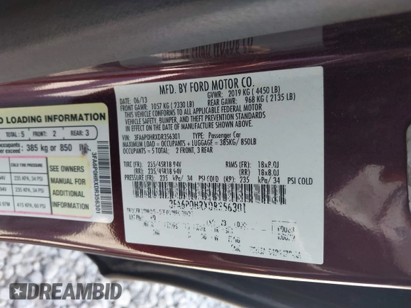 2013 Ford Fusion SE with VIN 3FA6P0HRXDR356301, listed as a IAAI auction lot 42764374 with 190,483 mi miles and . Bid and sale history available at DreamBid. Image 9.