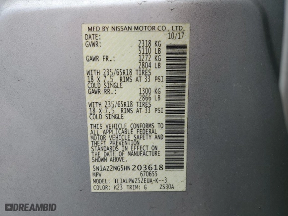 2017 Nissan Murano Platinum with VIN 5N1AZ2MG5HN203618, listed as a Copart auction lot 51746065 with 66,889 mi miles and Salvage Title. Bid and sale history available at carsss.com. Image 14.