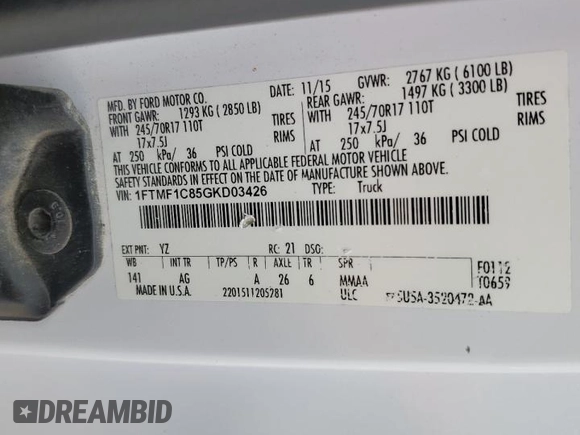 2016 Ford F-150 XL with VIN 1FTMF1C85GKD03426, listed as a Copart auction lot 43619245 with 124,954 mi miles and Salvage Title. Bid and sale history available at carsss.com. Image 13.