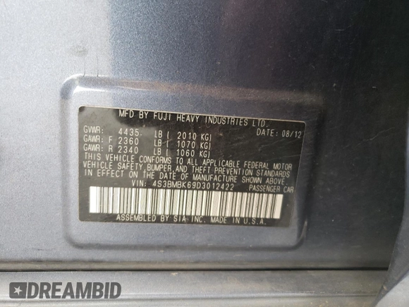 2013 Subaru Legacy Limited with VIN 4S3BMBK69D3012422, listed as a Copart auction lot 50127175 with 161,062 mi miles and Salvage Title. Bid and sale history available at DreamBid. Image 12.