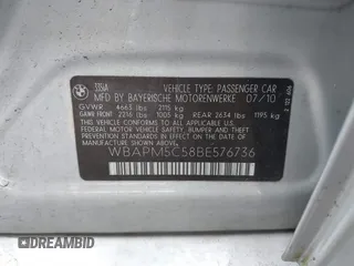2011 BMW 3 Series 335i with VIN WBAPM5C58BE576736, listed as a IAAI auction lot 41859606 with 120,884 mi miles. Bid and sale history available at carsss.com. Image 9.