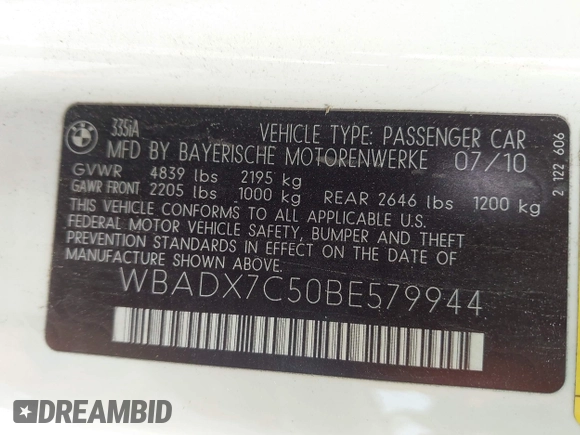 2011 BMW 3 Series 335i with VIN WBADX7C50BE579944, listed as a IAAI auction lot 42111612 with Not Provided miles and . Bid and sale history available at carsss.com. Image 9.