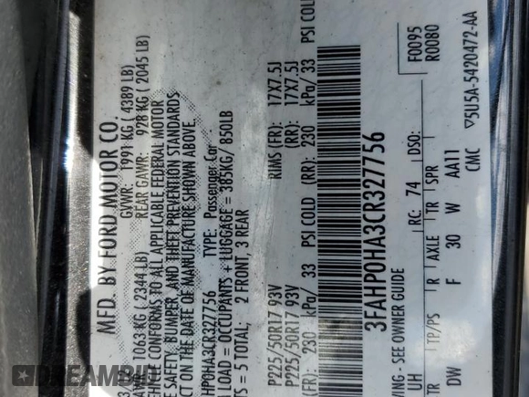 2012 Ford Fusion SE with VIN 3FAHP0HA3CR327756, listed as a Copart auction lot 58384915 with 124,406 mi miles and Salvage title. Bid and sale history available at DreamBid. Image 12.