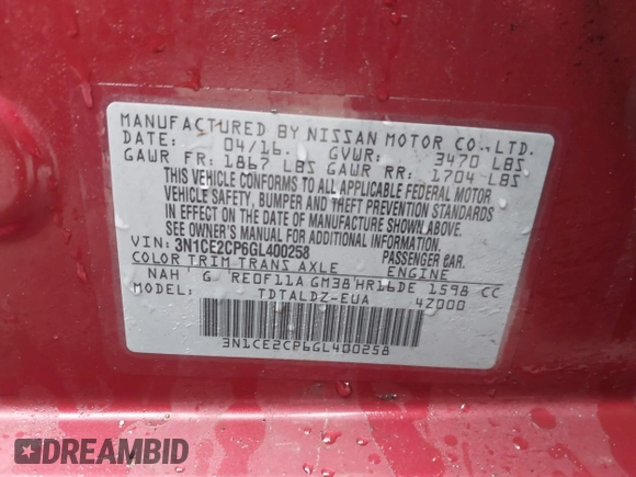 2016 Nissan Note S with VIN 3N1CE2CP6GL400258, listed as a IAAI auction lot 41858000 with 72,777 mi miles and . Bid and sale history available at DreamBid. Image 9.