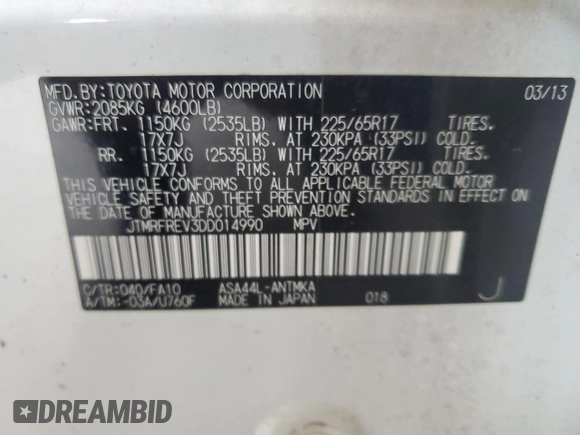 2013 Toyota RAV4 XLE with VIN JTMRFREV3DD014990, listed as a Copart auction lot 45807455 with 123,720 mi miles and Salvage Title. Bid and sale history available at DreamBid. Image 14.