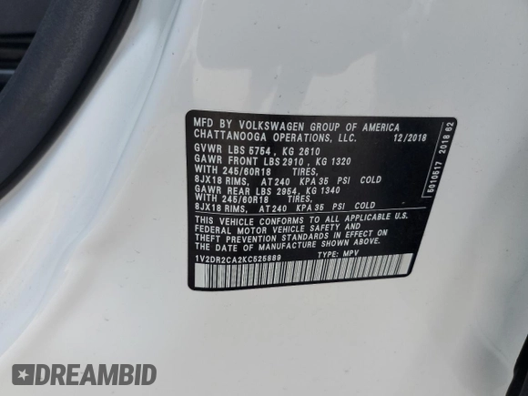 2019 Volkswagen Atlas SE with VIN 1V2DR2CA2KC525889, listed as a Copart auction lot 63623865 with 85,936 mi miles and Salvage title. Bid and sale history available at DreamBid. Image 13.