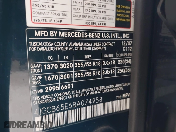 2008 Mercedes-Benz R 3.5L with VIN 4JGCB65E68A074958, listed as a IAAI auction lot 42609809 with 166,807 mi miles and . Bid and sale history available at DreamBid. Image 9.