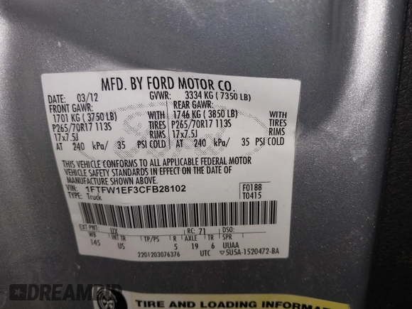 2012 Ford F-150 XL with VIN 1FTFW1EF3CFB28102, listed as a IAAI auction lot 41397526 with 172,630 mi miles. Bid and sale history available at carsss.com. Image 9.