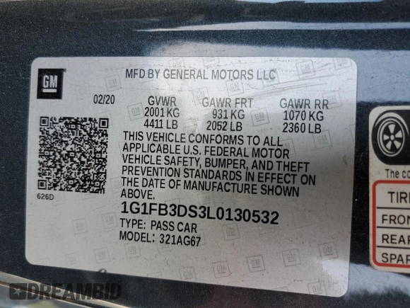 2020 Chevrolet Camaro 1LT with VIN 1G1FB3DS3L0130532, listed as a Copart auction lot 44820173 with 64,408 mi miles. Bid and sale history available at carsss.com. Image 14.