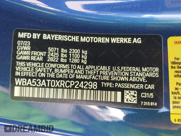 2024 BMW 4 Series M440i with VIN WBA53AT0XRCP24298, listed as a IAAI auction lot 41648187 with Not Provided miles and . Bid and sale history available at carsss.com. Image 9.