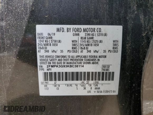 2019 Ford Edge SE with VIN 2FMPK3G93KBC38114, listed as a Copart auction lot 57638015 with 131,771 mi miles and Salvage title. Bid and sale history available at DreamBid. Image 13.