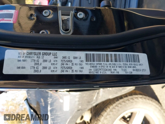 2012 Ram 1500 Sport with VIN 1C6RD7MT7CS341002, listed as a IAAI auction lot 41372780 with 1 mi miles. Bid and sale history available at carsss.com. Image 9.