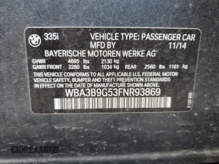 2015 BMW 3 Series 335i xDrive с VIN WBA3B9G53FNR93869, выставлен на аукционе Copart как лот 62071505 с пробегом 60 225 миль миль и Списание • Salvage title. История ставок и продаж доступна на DreamBid. Изображение 13.