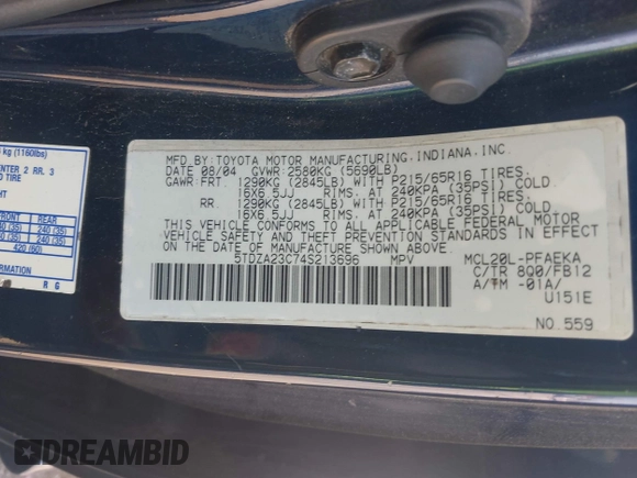 2004 Toyota Sienna CE with VIN 5TDZA23C74S213696, listed as a IAAI auction lot 42168861 with 278,543 mi miles and . Bid and sale history available at DreamBid. Image 9.