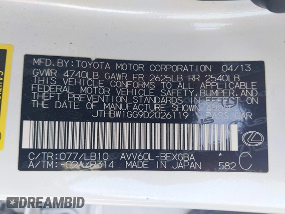 2013 Lexus ES 300h with VIN JTHBW1GG9D2026119, listed as a IAAI auction lot 42199139 with 187,412 mi miles and . Bid and sale history available at DreamBid. Image 9.